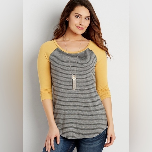 Maurices 24/7 Soft Gray & Black Stripes w/ Yellow 3/4 Sleeves Baseball Tee Large - Picture 2 of 5